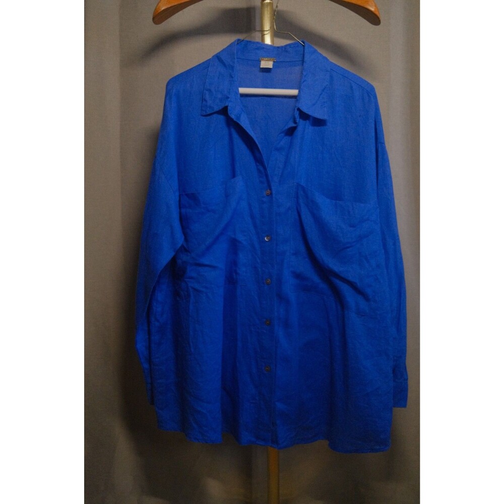 Magaschoni Womens 100% Linen Blue Button Up Shirt Size M Medium Long Sleeve